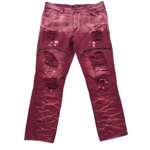 Legendary Status Burgundy Moto Jeans Distressed Acid Wash Biker Zipper Size 40